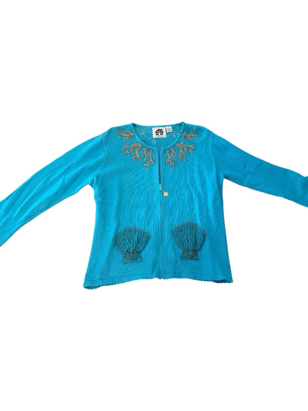 Vintage Storybook Knits Golden Reef Zip Cardigan Beach Blue/Gold Limited Edition